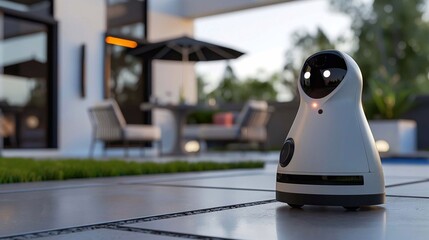Sleek home security robot patrolling a smart home and elegant interior design on background