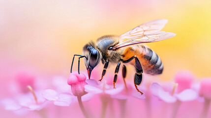 Close up shot of a bee collecting nectar from a pink flower with a blurred colorful background