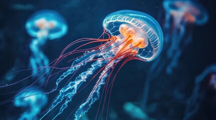 A stunning close-up of a translucent jellyfish gracefully swimming in clear blue water, its long tentacles trailing behind, glowing softly in the light.