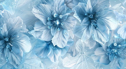 Serene ice blue flowers a breathtaking winter wonderland scene sparkling with delicate frost and gentle light creating an ethereal calming atmosphere