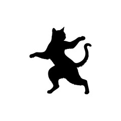 A black and white vector silhouette of a cat standing gracefully with an arched back and curled tail on a white background