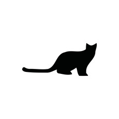 A black and white vector silhouette of a sitting cat with its tail wrapped neatly around its paws on a white background