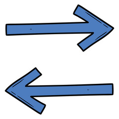 Hand drawn cartoon blue arrows data transfer icon on white background.