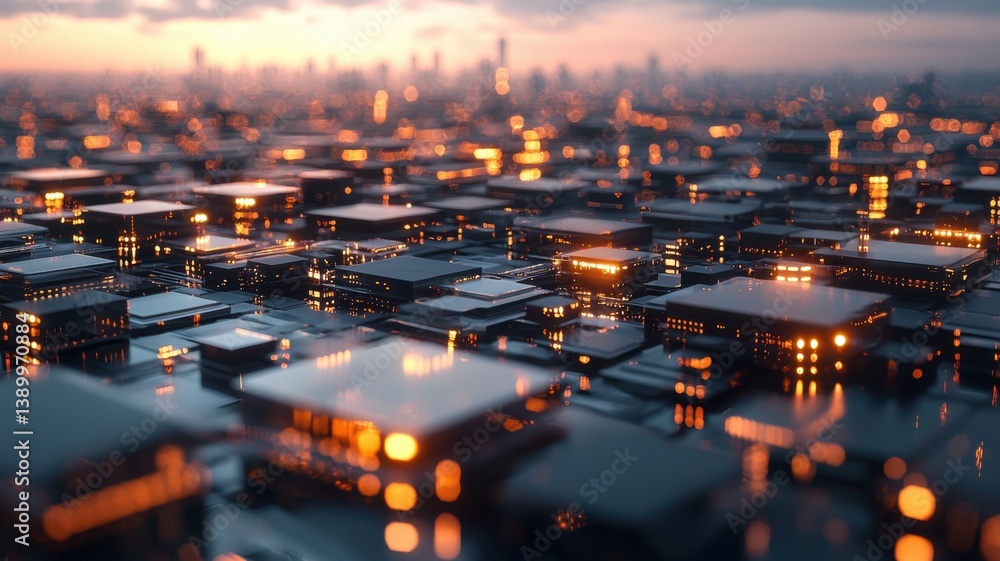 Poster a futuristic cityscape with glowing grids and structures, resembling a digital landscape at twilight