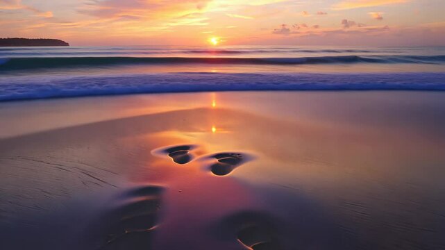Sunset over the beach with footsteps in the sand during a serene evening