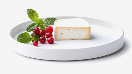 Modern artistic cheese platter with a piece of cheese and sweet cranberries for a colorful culinary experience