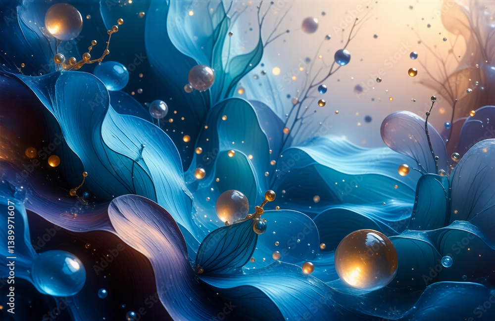 Poster abstract digital art with flowing blue and purple shapes, interspersed with golden and silver sphere