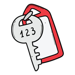 Hand drawn cartoon room key at hotel on white background.