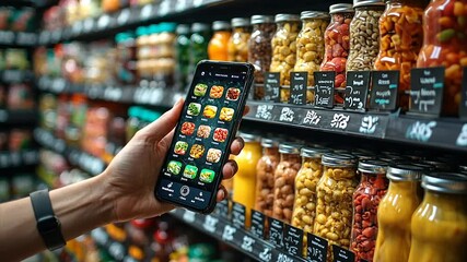 Smartphone app aids grocery shopping, comparing food items in jars on shelves