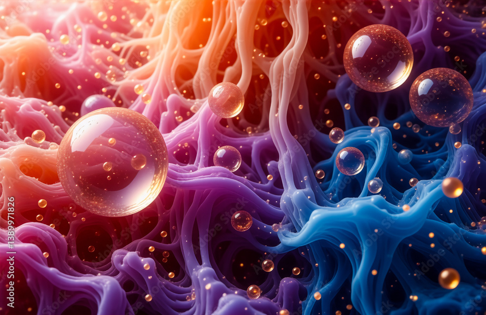 Leinwandbilder Abstract colorful background with translucent spheres floating amongst textured organic shapes. It shows a vibrant gradient from warm orange to cool blue, creating a dreamlike scene.