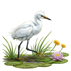 A white heron wading in a pond with lily pads and yellow wildflowers