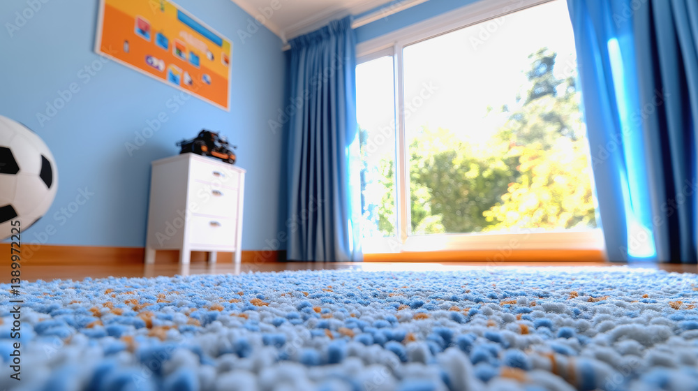 Poster a soccer ball resting on a colorful rug in an artistic workspace with soft ambient lighting and crea