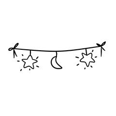 Hand-Drawn Celestial Garland: Stars, Crescent Moon, Festive String