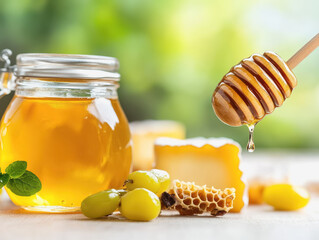 Beautifully crafted cheese selection with honeycomb and assorted honeys served on a wooden board for gourmet enjoyment