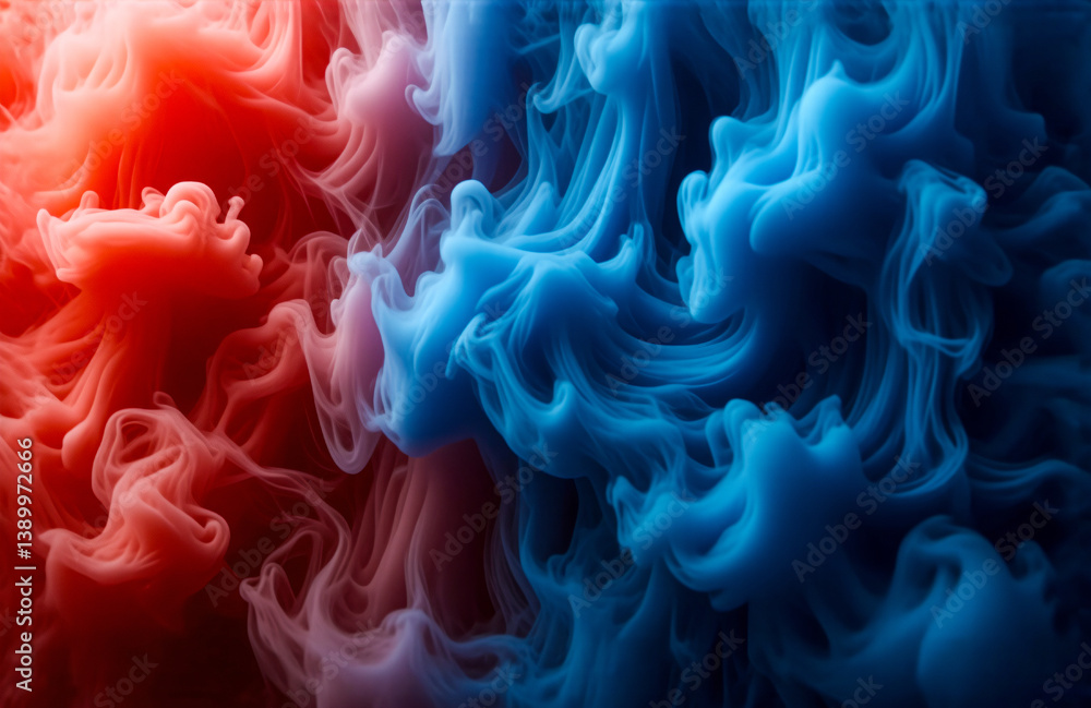 Leinwandbilder Red and blue plumes intertwine, creating a dynamic and abstract swirl.  The vibrant colors blend and flow, suggesting a sense of motion and ethereal beauty.