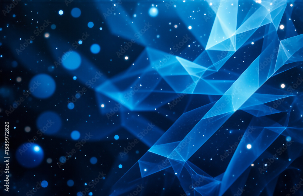 Poster abstract blue geometric shapes float against a dark backdrop, creating a modern, futuristic, and dig