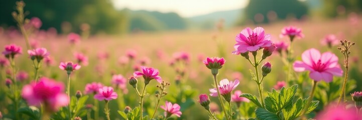 Obraz premium Pink geranium flowers in a field of wildflowers, pink, botanical, landscape