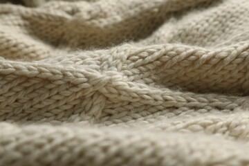 Beige knitted wool texture as background, closeup
