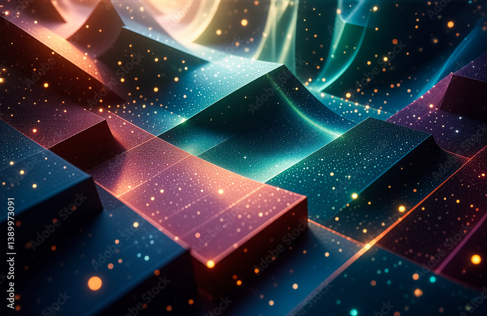 Fototapete Abstract geometric shapes with vibrant teal, orange, and blue lighting create a modern and futuristic design. Sparkles and glowing lines add depth and texture.
