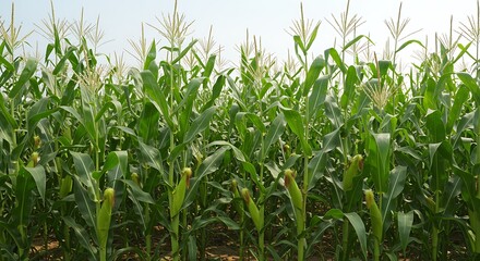 Fototapeta premium Lush cornfield landscape with vibrant green stalks and developing ears