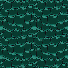 Obraz premium Vector seamless spotted pattern. Green spots of various shapes on a black background. Stamp texture. leather, hide, reptile, crocodile