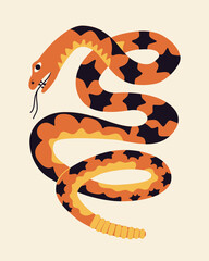 Quirky colorful rattlesnake. Snake in unique style for Chinese New Year. Hand drawn vector illustration isolated on background. Design for print, card, cover.