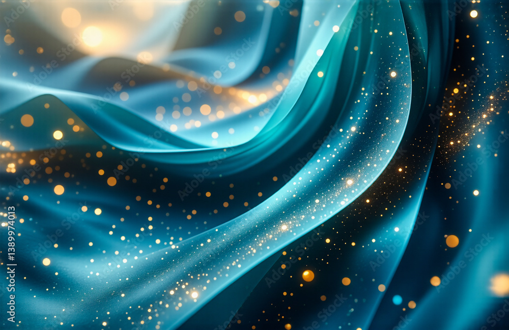 Aufkleber abstract teal and gold waves gracefully intertwine, adorned with sparkling golden lights. a dreamy a