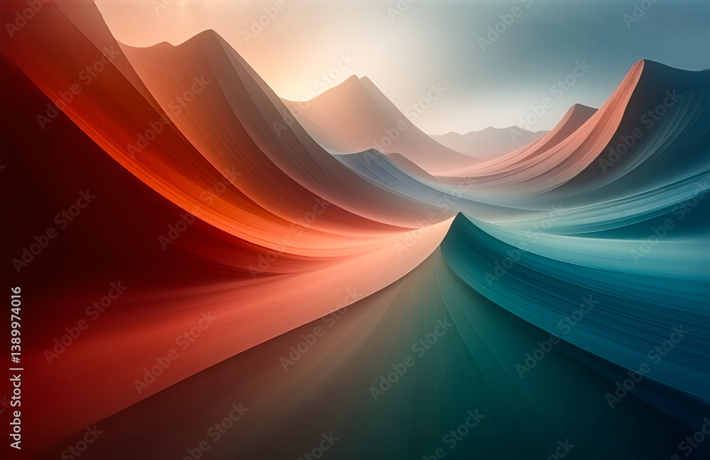 Aufkleber A gradient landscape featuring smooth, abstract mountains transitioning from warm red and orange hues to cool blue and green tones, creating a serene vista.