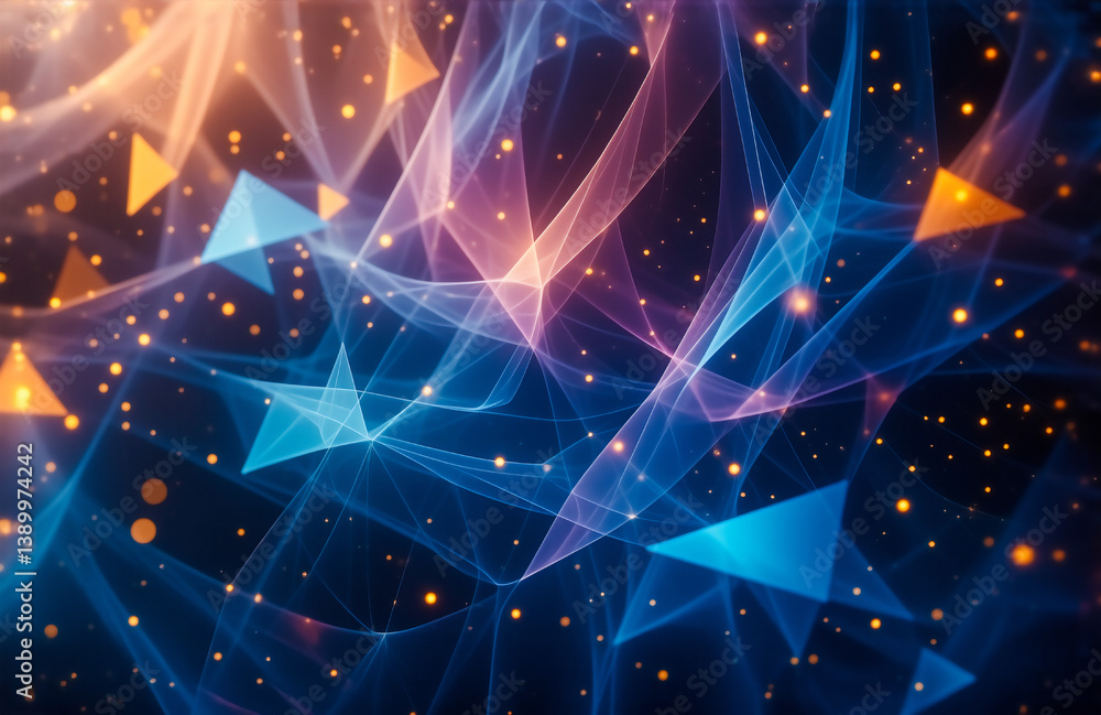 Poster abstract glowing network with blue and orange polygonal shapes, lines, and golden dots. futuristic, 