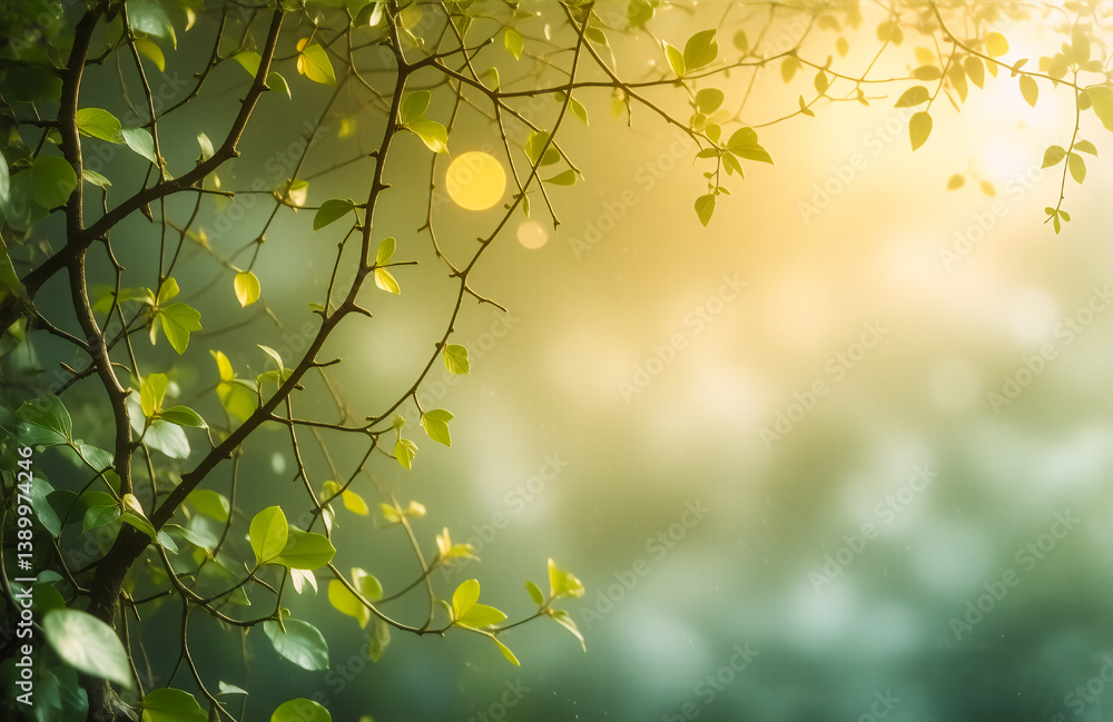 Poster sunlight streams through lush green leaves on a tree branch. a soft, blurred background of green and