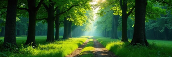 Quiet forest path with dappled shade under tall trees and white clouds, cloud, quiet