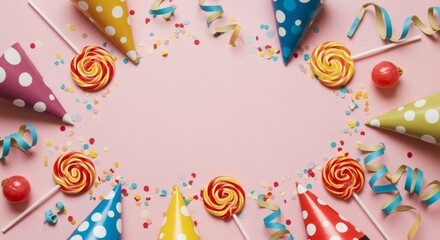 Celebrating with Party Hats, Lollipops, and Confetti on Pink Background