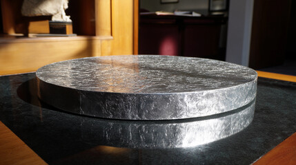 Fototapeta premium Elegant Embossed Aluminum Tray Set on Obsidian Table Highlighting Sleek Modernity and Timeless Design Sophistication