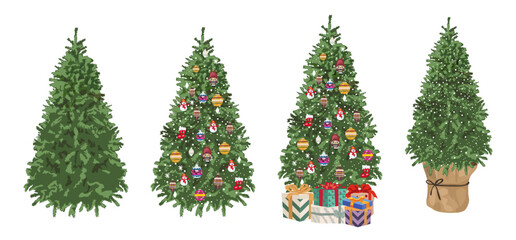 Set of Christmas tree flat vector illustrations. Wrapped presents near green spruce decorated. Winter holidays design elements. Traditional Xmas celebration symbols.