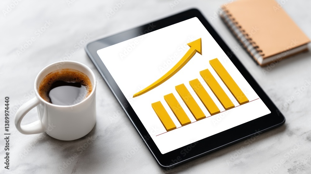 Poster analyzing growth trends in business strategies workspace infographic digital environment top-down vi