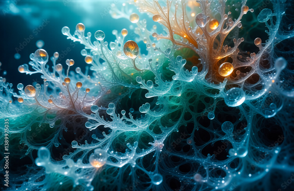 Aufkleber abstract organic shapes with delicate, branching structures and water droplets, illuminated against 