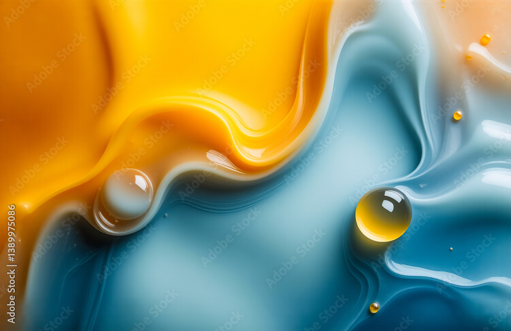 Poster swirling mix of vibrant yellow and calming blue hues create an abstract fluid art piece. smooth, glo