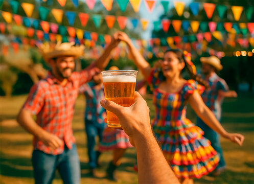 Brinde com cerveja durante dan&ccedil;a de festa junina ao ar livre