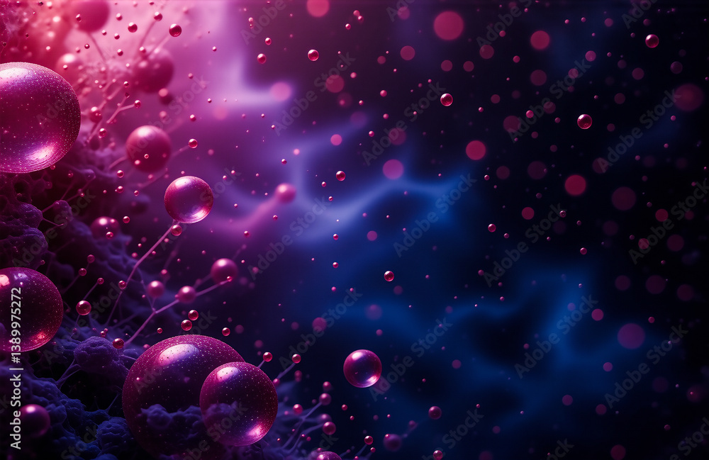 Aufkleber Abstract image with glossy purple spheres interconnected on a dark blue and pink nebula-like background.  Reminiscent of a cosmic network with vibrant colours and depth.