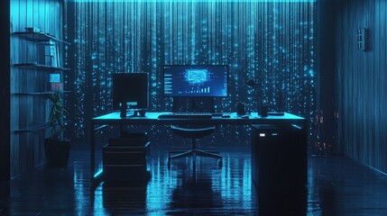 Futuristic blue-lit home office with computer setup and data stream wall.