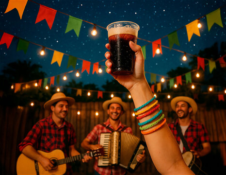 Brinde com refrigerante durante apresenta&ccedil;&atilde;o musical na festa junina noturna