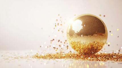Shiny gold disco ball on white background. Party atmosphere. Celebration decoration. Nightclub or music event concept. Glittering sphere. Gold confetti. Ideal for disco themes. Stylish party element.