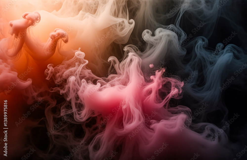 Poster swirling vibrant hues of pink, orange, blue, and white create an abstract smoke-like effect against 