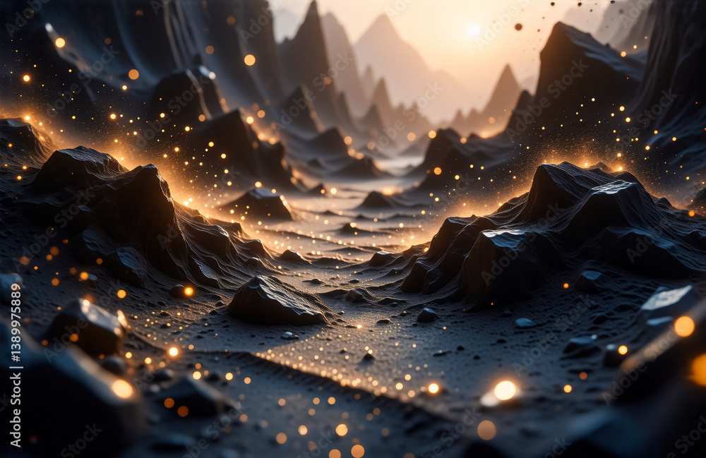Poster Eerie mountainscape with a path illuminated by ethereal lights. Dark rocks and distant peaks create a mysterious, fantasy atmosphere.