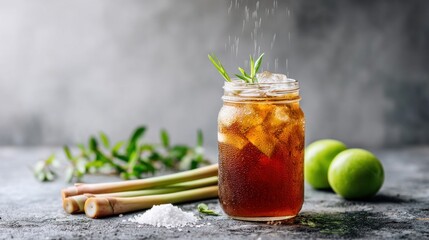 Refreshing iced beverage kitchen counter food photography bright atmosphere close-up drink preparation