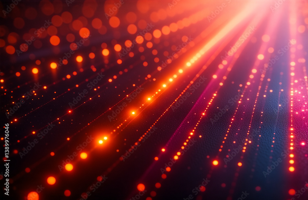 Aufkleber Bright orange and red lights create abstract lines and dots on a dark background. Futuristic, technological theme with dynamic light patterns.