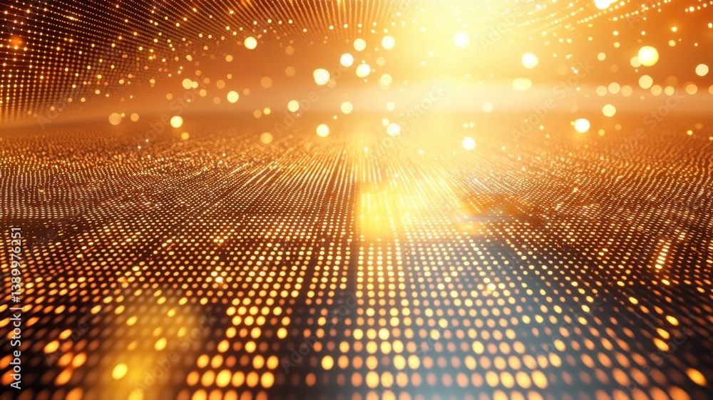 Poster a shimmering, golden landscape of light and dots, creating an abstract, futuristic visual effect res