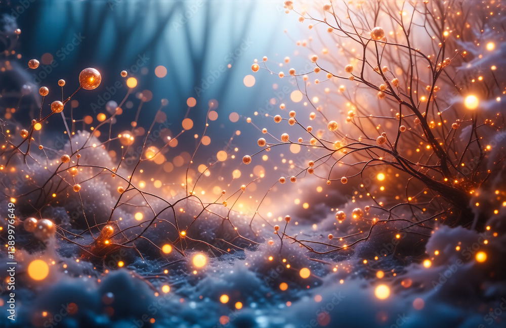 Leinwandbilder dreamy forest with ethereal glowing orbs floating around bare trees and a soft blue background. magi