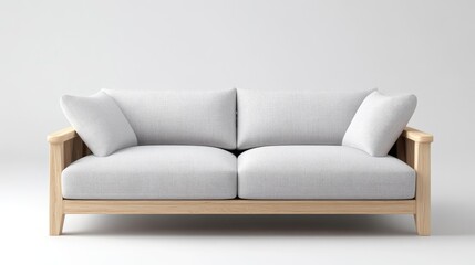 Light-colored, wooden framed couch.  A neutral, modern sofa with a simple design