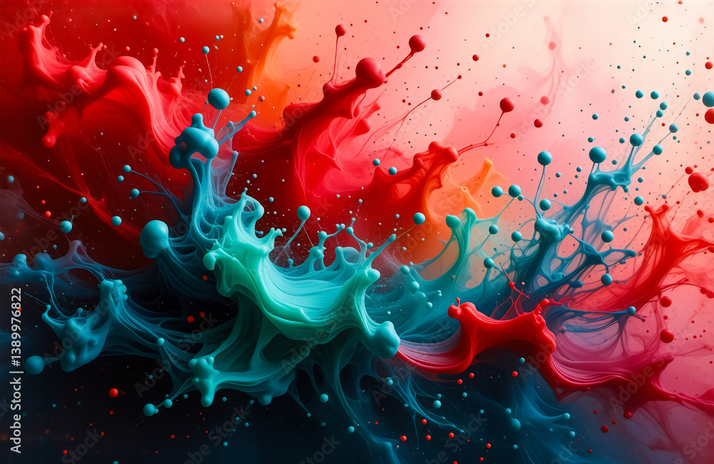 Poster vibrant explosion of color as red, blue, and orange paints collide and blend in an abstract display 